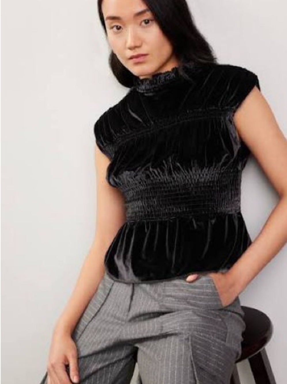 Sandro Black Velvet Smocked Mock Neck Cap-Sleeve Top